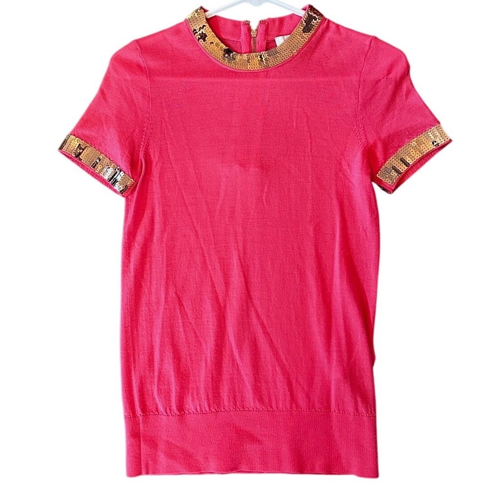 Kate Spade New York Pink Sequin Trim Short Sleeve Knit Sweater Top Small‎